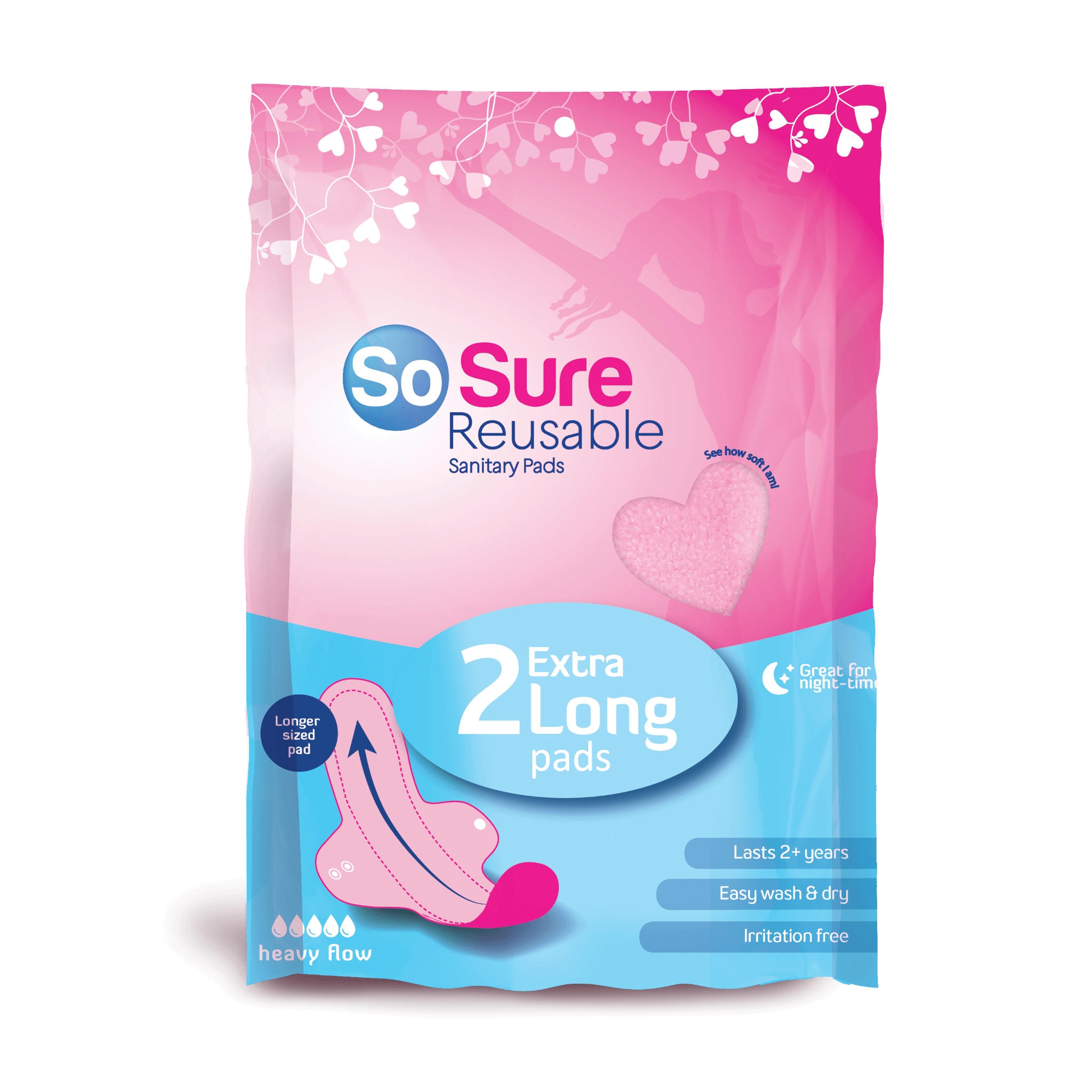 So_Sure_packaging_render_2_extra_long_pads_lossless So Sure 2-Pad XL — Reusable Sanitary Pads - Image 1